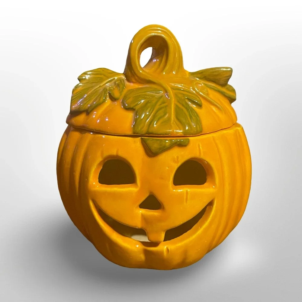 Ceramic Jack O Lantern Pumpkin tea light holder Halloween Decker‎ spooky festive